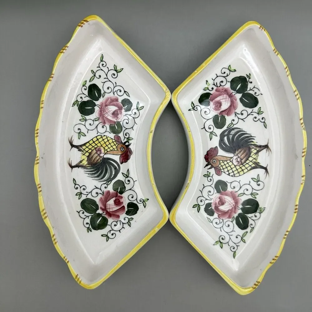 Early Provincial Rooster Lazy Susan Replacement Dishes Hand Painted Japan Set 2